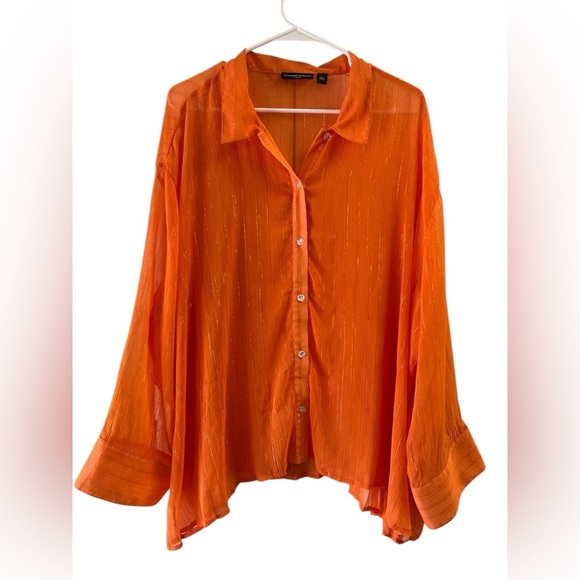 Essentials by Milano Tops - Vintage orange transparent lightweight button down long sleeve top